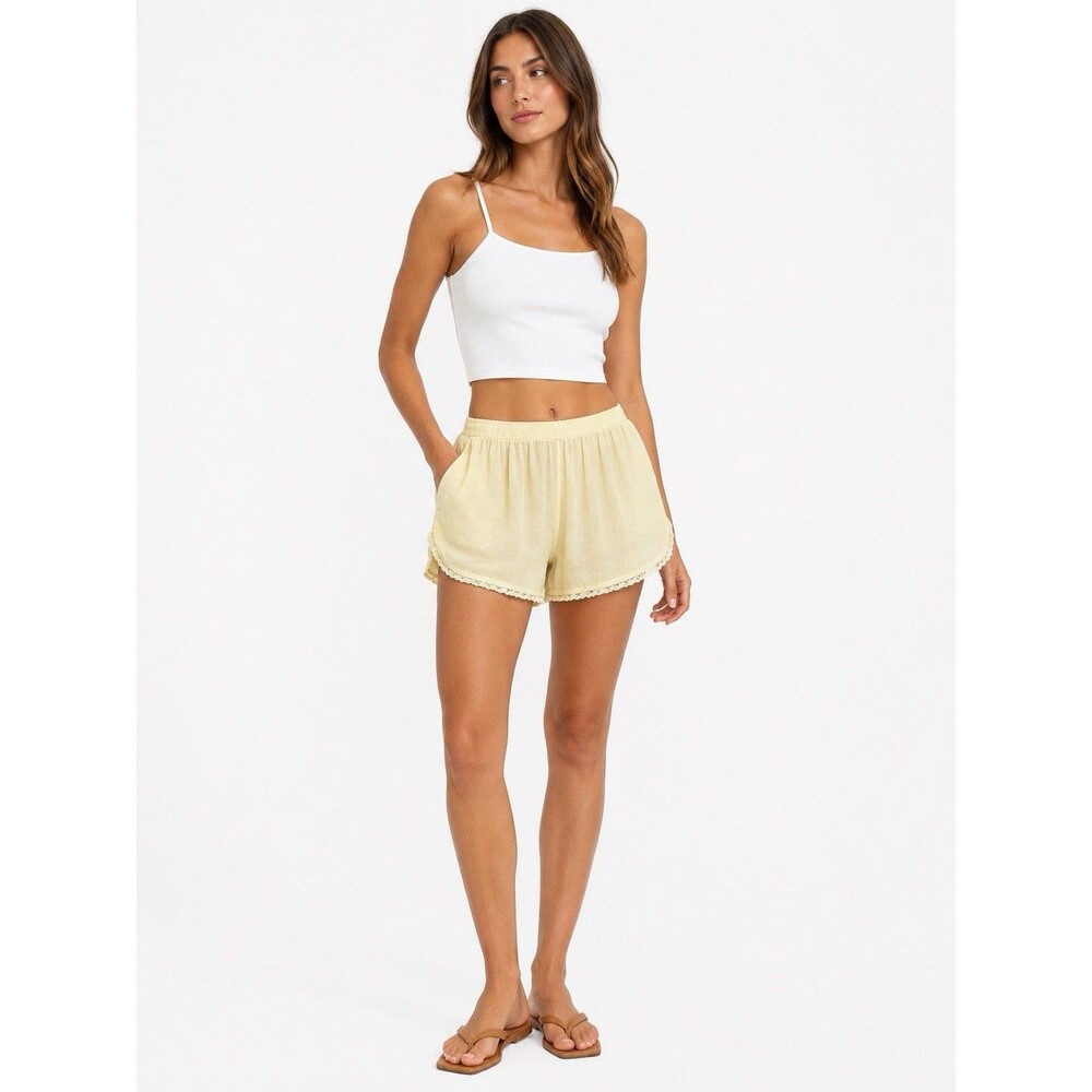 Free People Shorts Lace Trim Oversized Size Small Pull On Pockets Yellow LIned